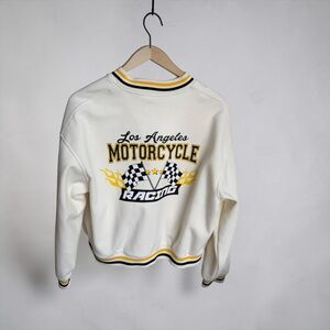 Streetwear Society Varsity Racing Jacket Cream Moto Chenille Patch Zip L